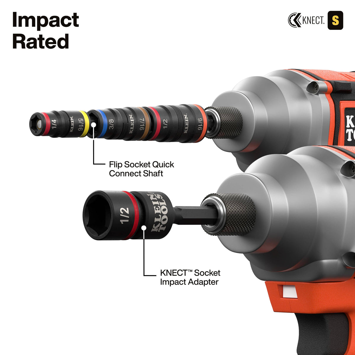 Two impact drivers demonstrating the versatility of the KNECT system, with the top unit using the flip socket quick-connect shaft and the bottom unit utilizing the dedicated impact adapter with a 1/2-inch socket.