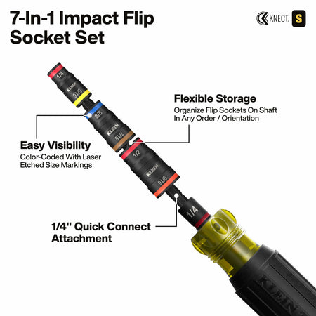 The KNECT 7-in-1 impact flip socket set shown assembled on a 1/4-inch quick-connect attachment, featuring color-coded rings and laser-etched size markings for easy visibility and flexible orientation.