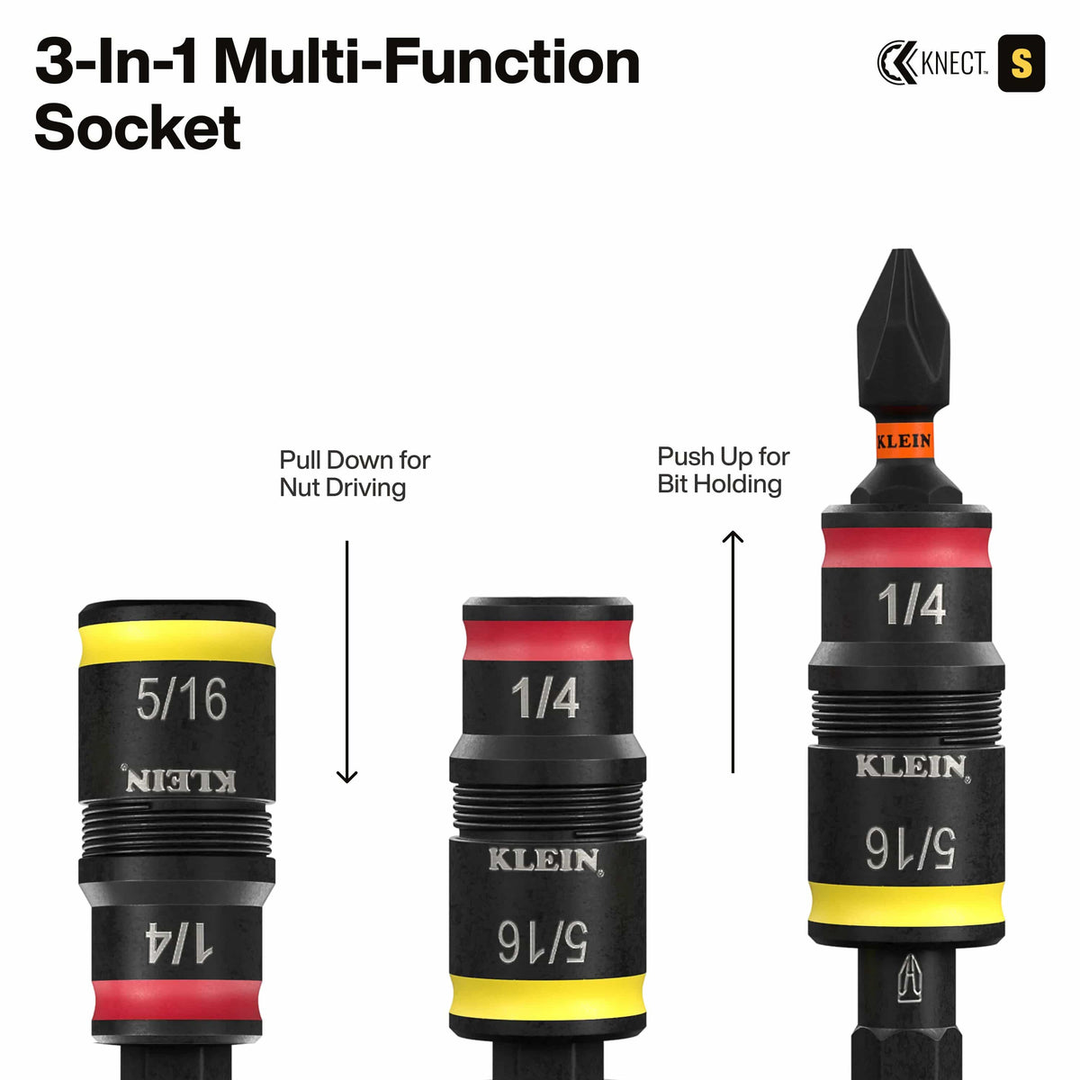 An instructional graphic for the 3-in-1 multi-function socket, illustrating the pull-down motion for nut driving and the push-up motion to engage the bit-holding function for a Phillips impact bit.