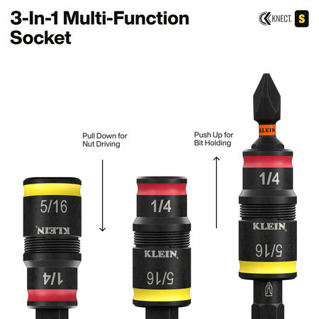 An instructional graphic for the 3-in-1 multi-function socket, illustrating the pull-down motion for nut driving and the push-up motion to engage the bit-holding function for a Phillips impact bit.