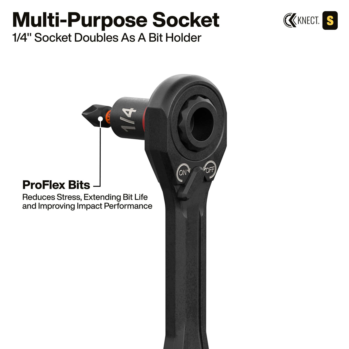 Detail view of the 1/4-inch multi-purpose socket serving as a bit holder for ProFlex bits, attached to the pass-through ratchet to reduce stress and extend bit life during high-impact fastening.