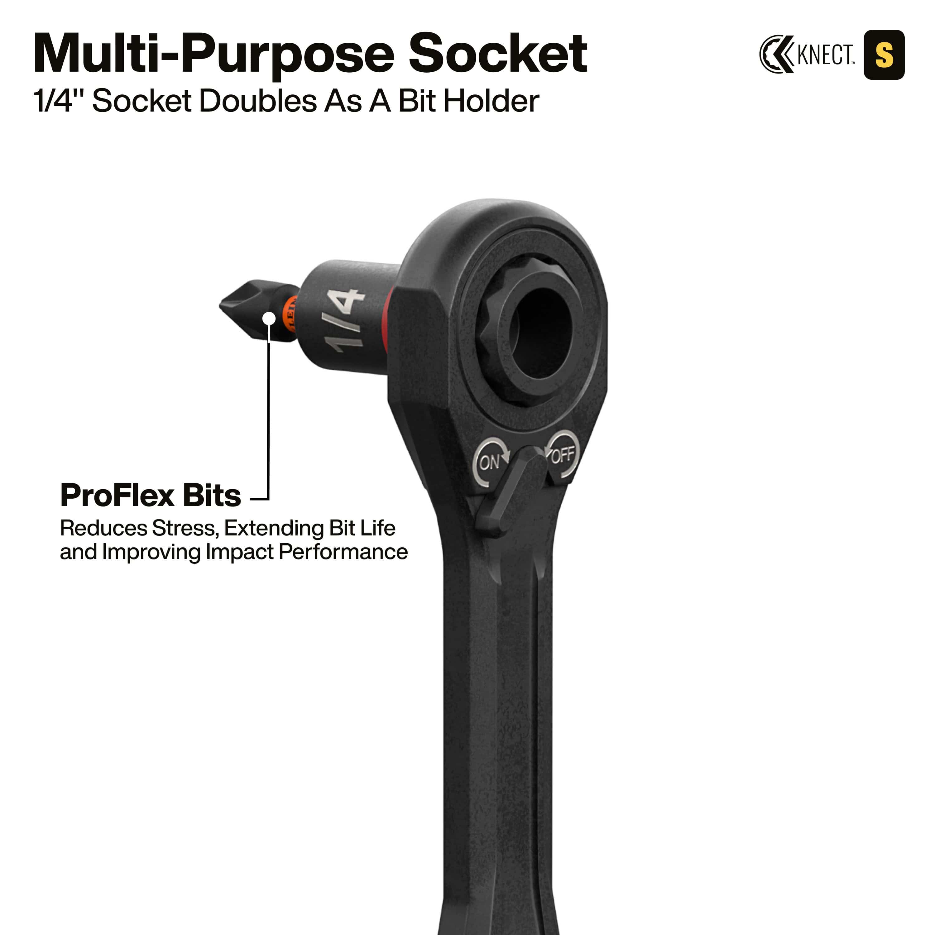 Detail view of the 1/4-inch multi-purpose socket serving as a bit holder for ProFlex bits, attached to the pass-through ratchet to reduce stress and extend bit life during high-impact fastening.