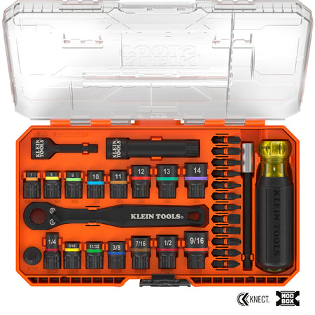 A top-down view of the Klein Tools 65302KNECT 33-piece impact socket set organized in an orange MODbox accessory case, showcasing a full range of SAE and Metric pass-through sockets, a cushion-grip handle, a pass-through ratchet, and a vertical row of impact driver bits under a clear protective lid.