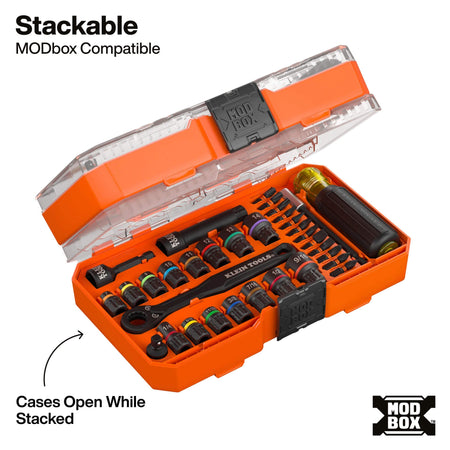An isometric view of the 33-piece KNECT impact socket set in its stackable MODbox case, demonstrating the modular design that allows the lid to open fully even while the case is stacked with other modular storage units.