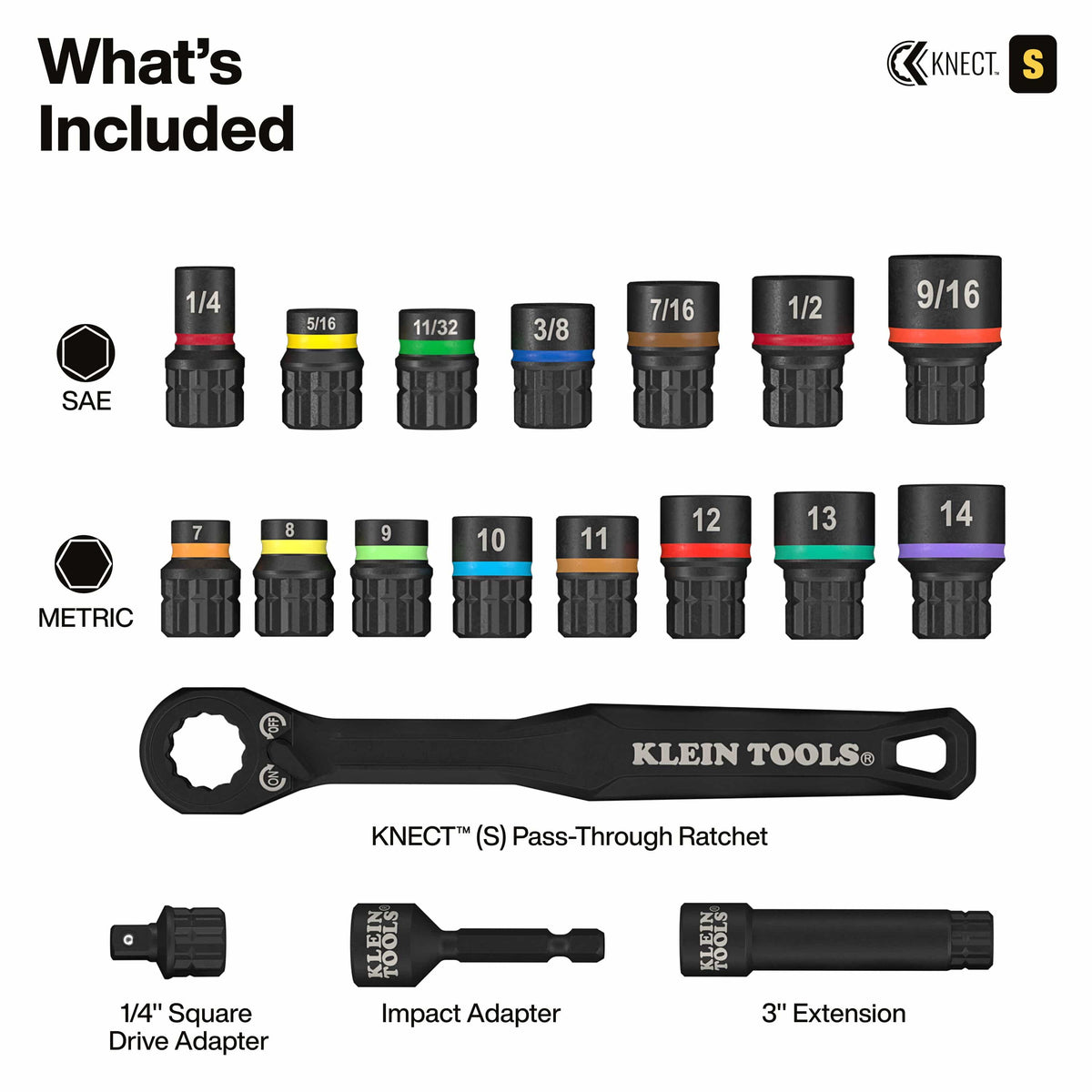 A component breakdown of the 65302KNECT set showing seven SAE sockets, eight Metric sockets, a pass-through ratchet, a 1/4-inch square drive adapter, an impact adapter, and a 3-inch hollow extension.