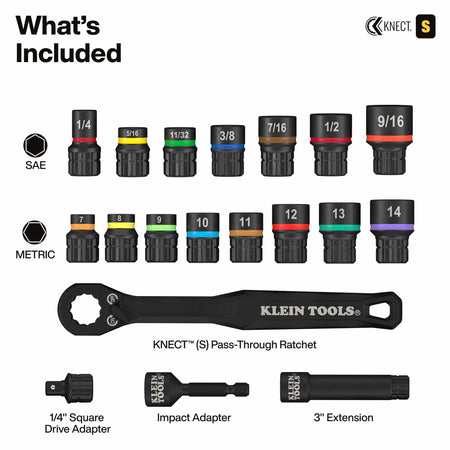 A component breakdown of the 65302KNECT set showing seven SAE sockets, eight Metric sockets, a pass-through ratchet, a 1/4-inch square drive adapter, an impact adapter, and a 3-inch hollow extension.