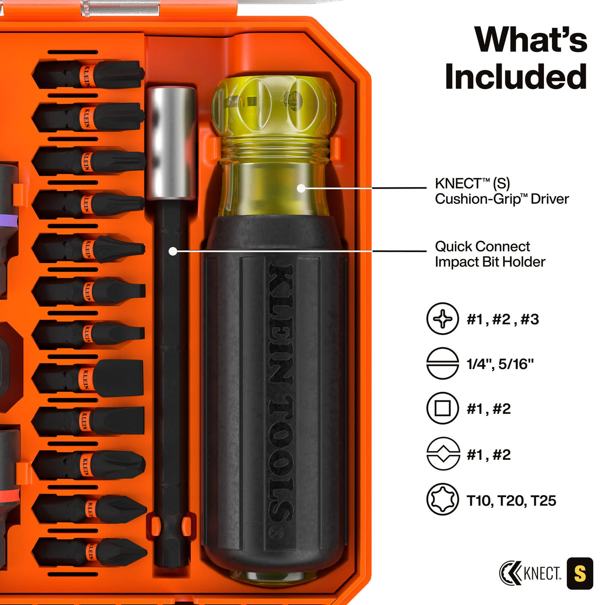 Detailed view of the 65302KNECT driver components including the cushion-grip handle and a quick-connect impact bit holder, alongside a list of included bits: Phillips #1, #2, #3; Slotted 1/4-inch and 5/16-inch; Square #1, #2; Combo #1, #2; and TORX T10, T20, and T25.