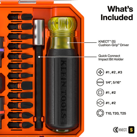 Detailed view of the 65302KNECT driver components including the cushion-grip handle and a quick-connect impact bit holder, alongside a list of included bits: Phillips #1, #2, #3; Slotted 1/4-inch and 5/16-inch; Square #1, #2; Combo #1, #2; and TORX T10, T20, and T25.
