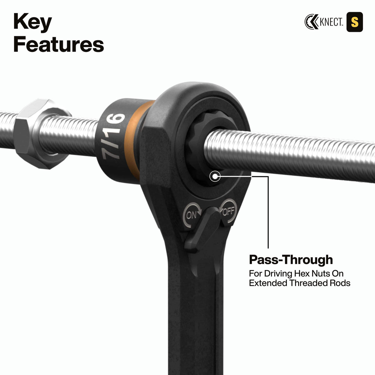 Technical demonstration of the KNECT pass-through ratchet system with a 7/16-inch socket allowing a long threaded rod to pass through the center of the tool, perfect for driving hex nuts in deep-reach applications.