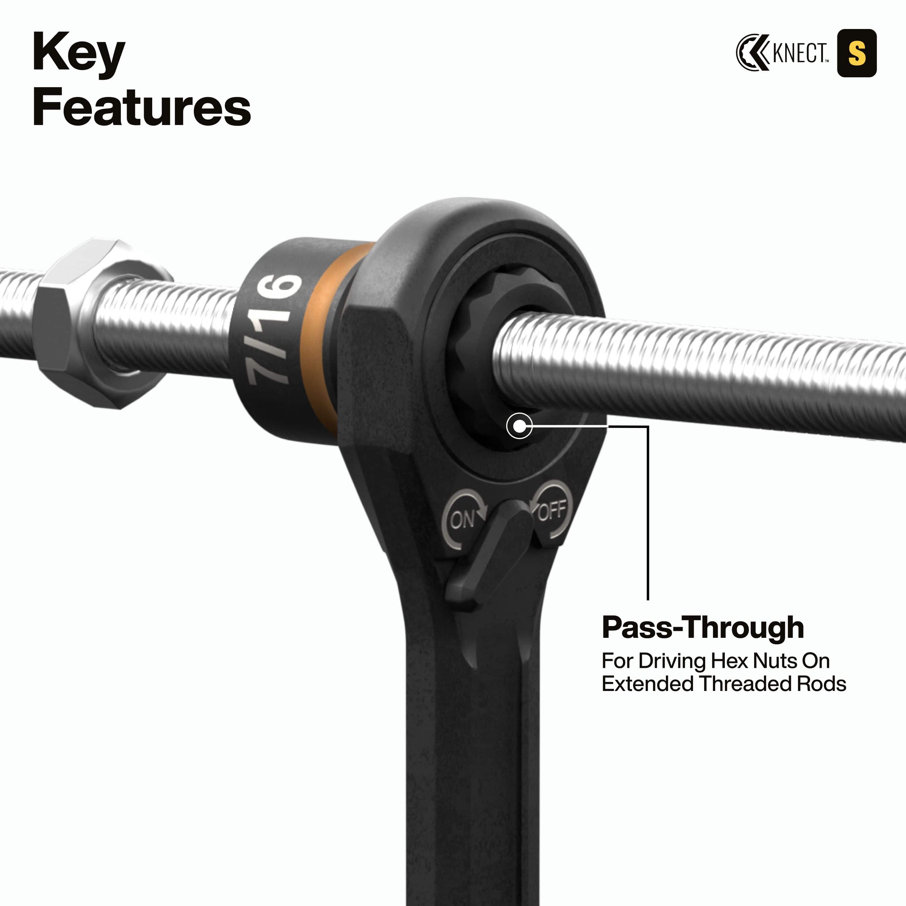 Technical demonstration of the KNECT pass-through ratchet system with a 7/16-inch socket allowing a long threaded rod to pass through the center of the tool, perfect for driving hex nuts in deep-reach applications.