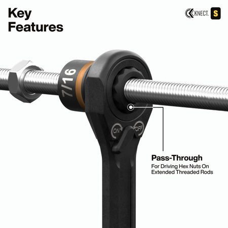 Technical demonstration of the KNECT pass-through ratchet system with a 7/16-inch socket allowing a long threaded rod to pass through the center of the tool, perfect for driving hex nuts in deep-reach applications.