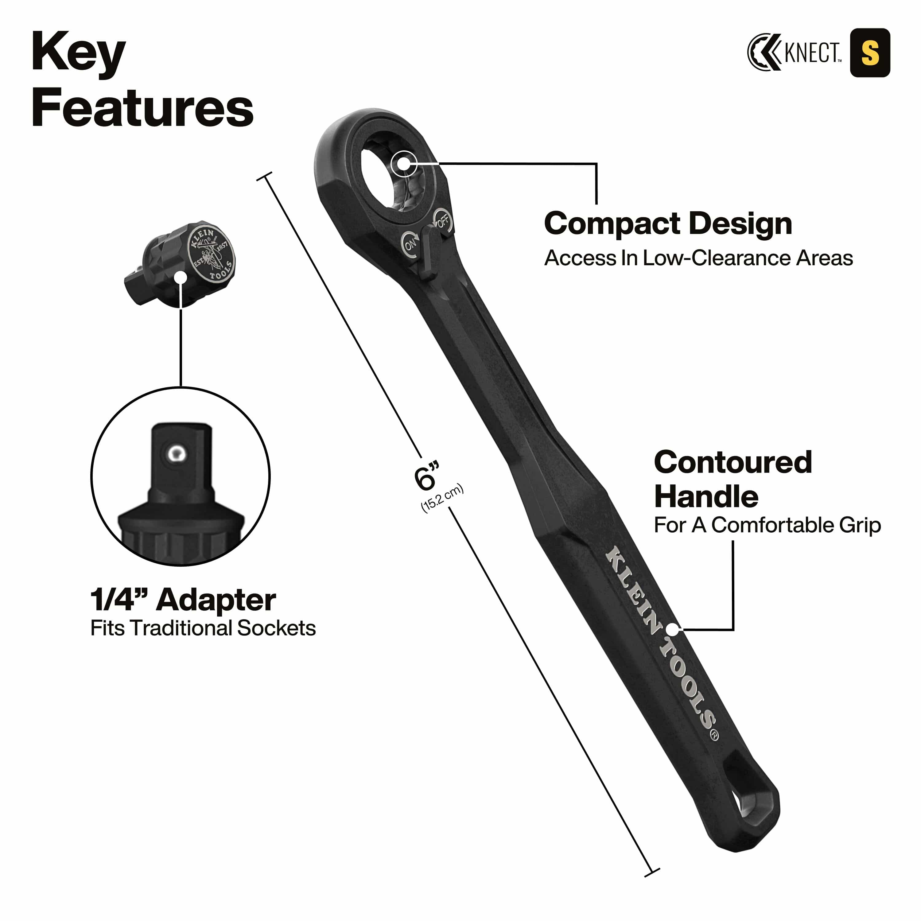 Product feature view of the 6-inch compact pass-through ratchet with a contoured ergonomic handle, paired with a 1/4-inch adapter to allow for use with traditional non-pass-through sockets.