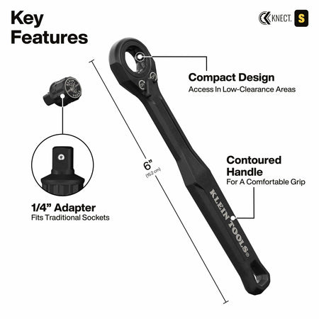 Product feature view of the 6-inch compact pass-through ratchet with a contoured ergonomic handle, paired with a 1/4-inch adapter to allow for use with traditional non-pass-through sockets.