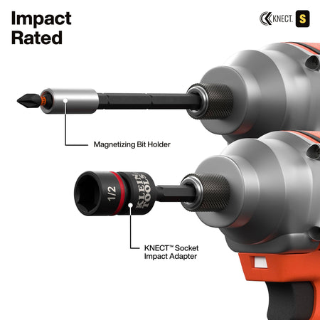Two impact drivers demonstrating the KNECT system's power capabilities, with the top unit featuring a magnetizing bit holder and the bottom unit showing a 1/2-inch socket attached to the KNECT socket impact adapter.
