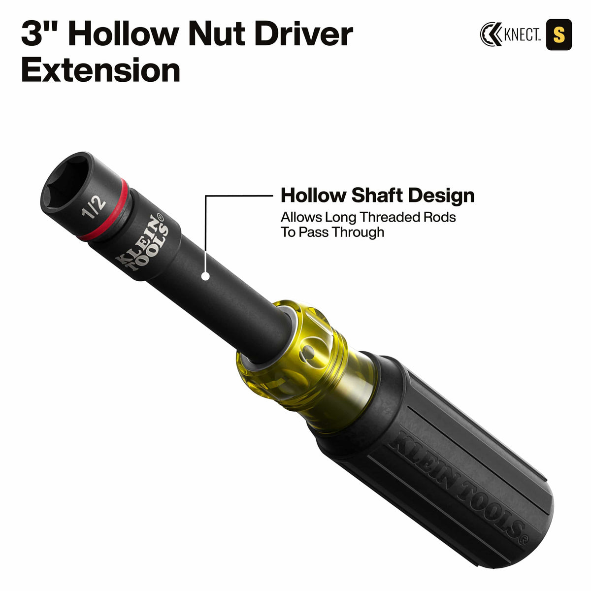 The 3-inch hollow nut driver extension shown attached to a cushion-grip handle, illustrating the hollow shaft design that enables long threaded rods to pass through for specialized mechanical and electrical work.