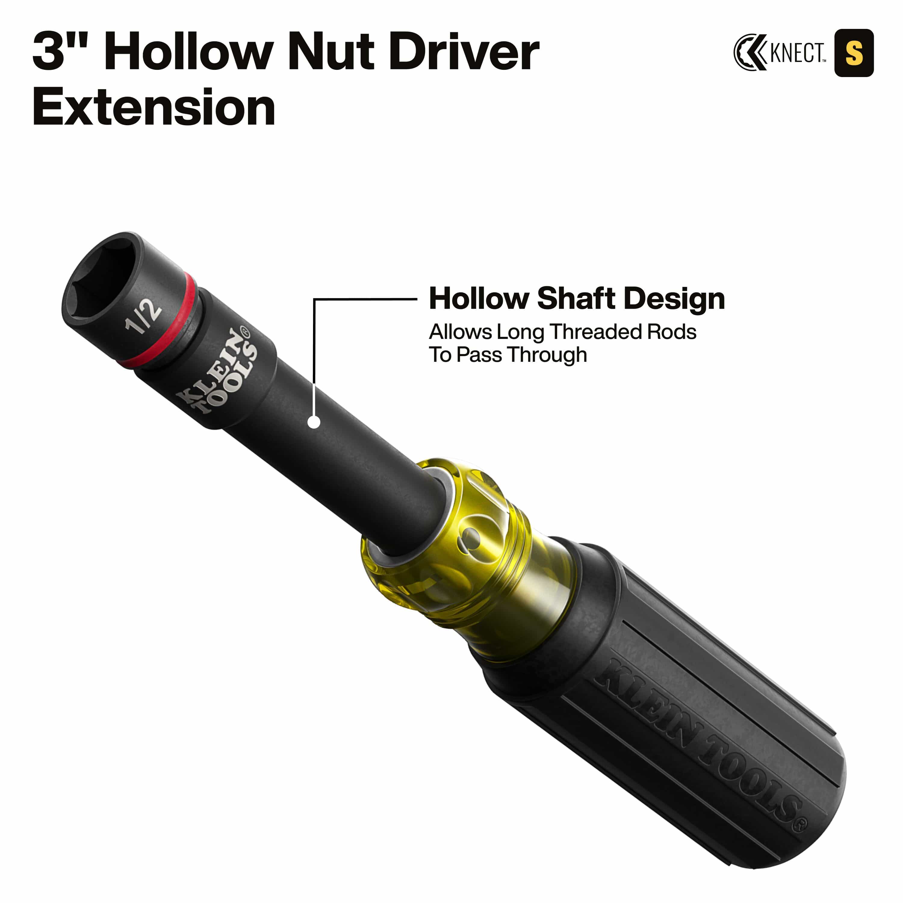 The 3-inch hollow nut driver extension shown attached to a cushion-grip handle, illustrating the hollow shaft design that enables long threaded rods to pass through for specialized mechanical and electrical work.
