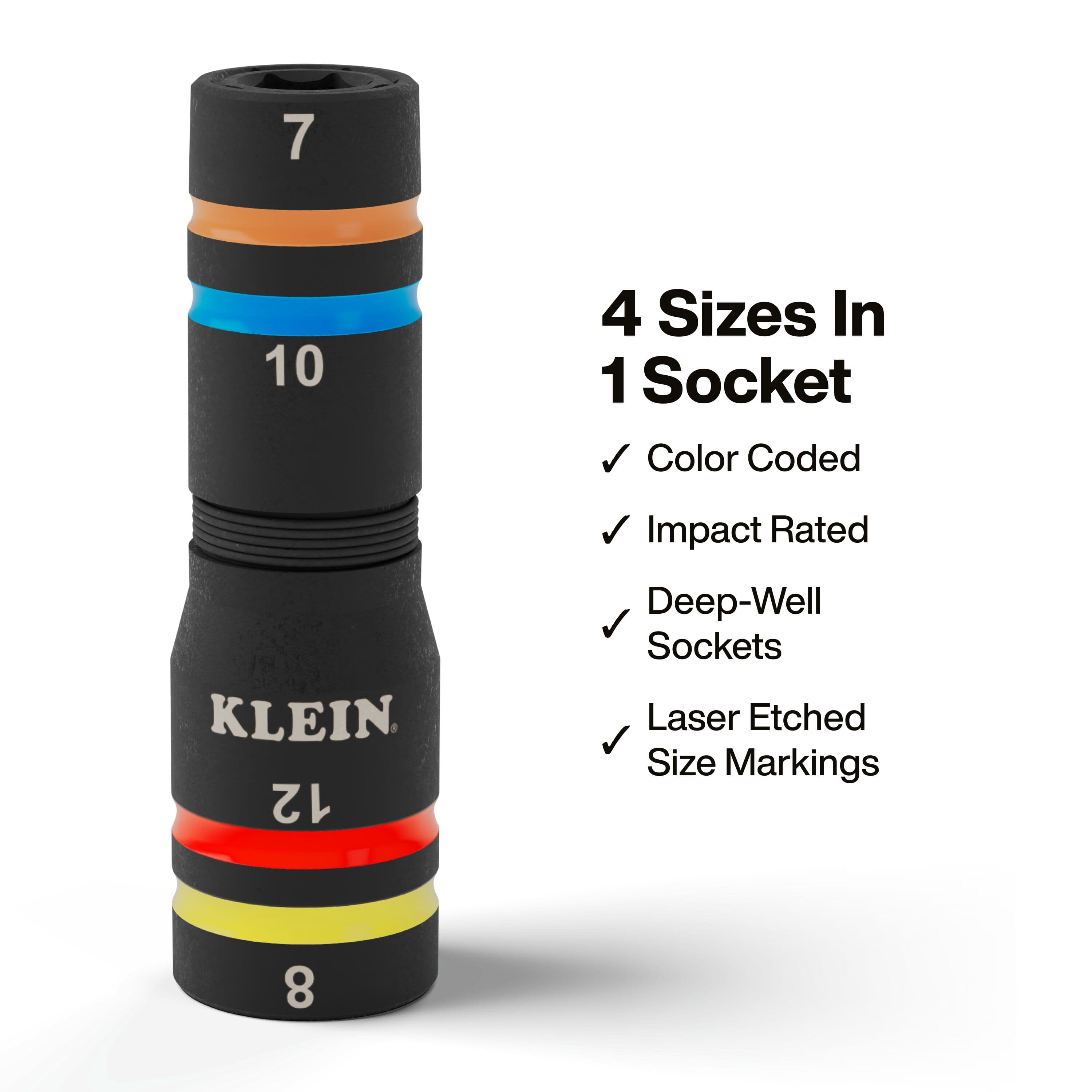 A detailed view of a single black impact-rated quad socket demonstrating the 4-sizes-in-1 design, highlighting the laser-etched 7mm, 8mm, 10mm, and 12mm size markings and color-coded identification rings.