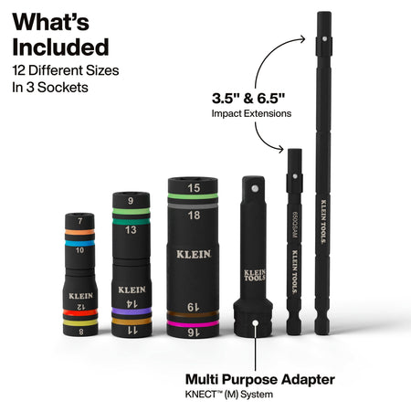 A component breakdown of the 653MQS set, displaying the 12 different metric sizes contained in 3 flip sockets, alongside 3.5-inch and 6.5-inch impact extensions and the multi-purpose KNECT M-system adapter.
