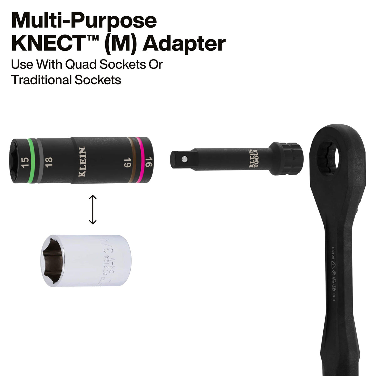 A graphic showing the versatility of the multi-purpose KNECT M-system adapter, illustrating how it connects quad sockets or traditional sockets to specialized pass-through wrenches and handles.