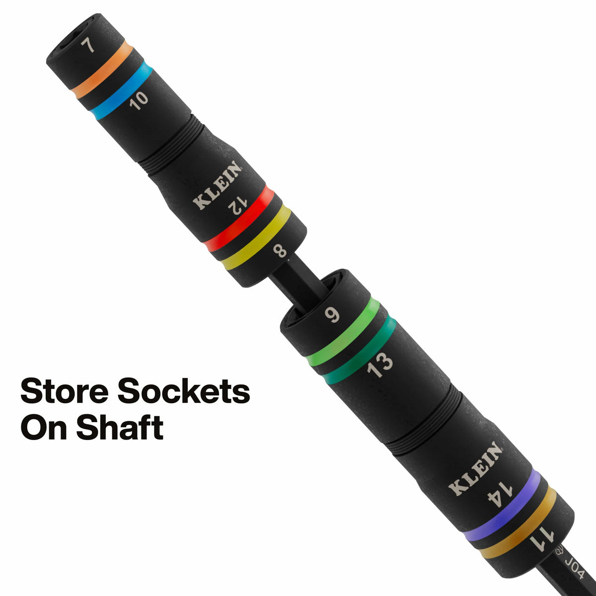 Two quad sockets stored together on a single steel extension shaft, emphasizing the space-saving design and organized transport of the metric 7mm through 14mm hex sizes.