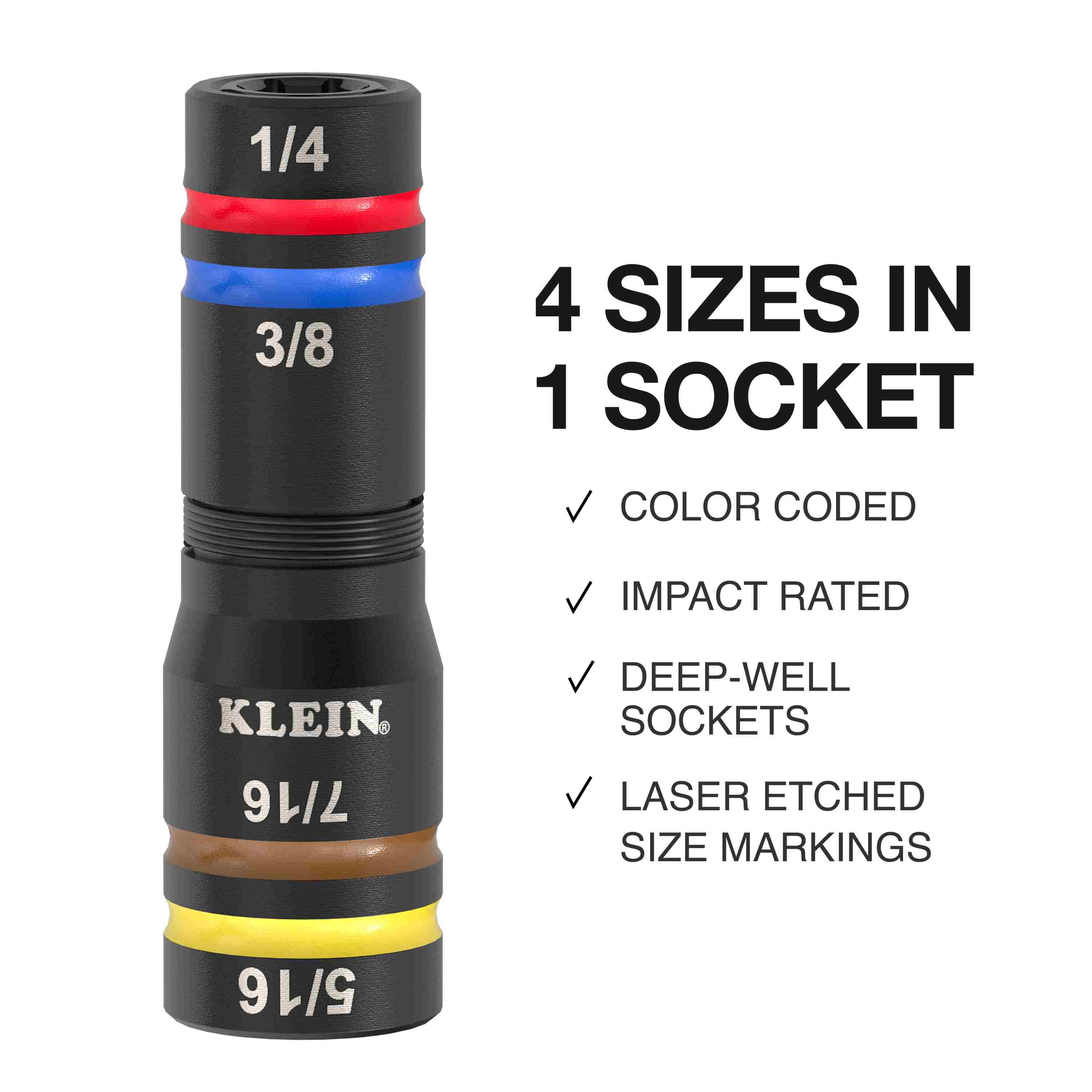 A single color-coded impact flip socket from the Klein Tools Quad-16 set showing four integrated sizes, impact-rated forged steel construction, and laser-etched markings for deep-well fastening.