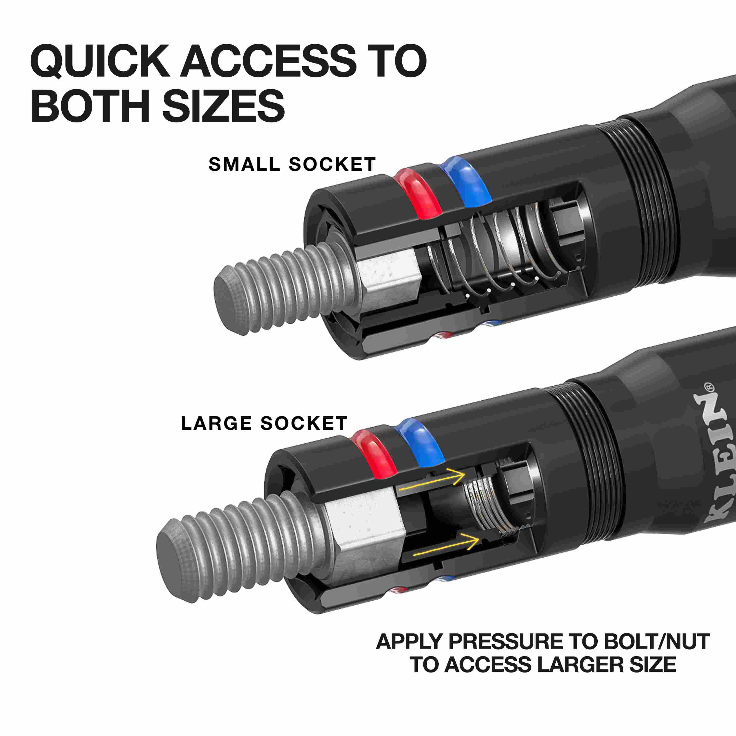 Two-panel infographic demonstrating the quick-access spring mechanism of the Quad-16 impact flip socket, showing how applying pressure allows for an easy hands-free transition between small and large hex sizes.