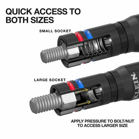 Two-panel infographic demonstrating the quick-access spring mechanism of the Quad-16 impact flip socket, showing how applying pressure allows for an easy hands-free transition between small and large hex sizes.
