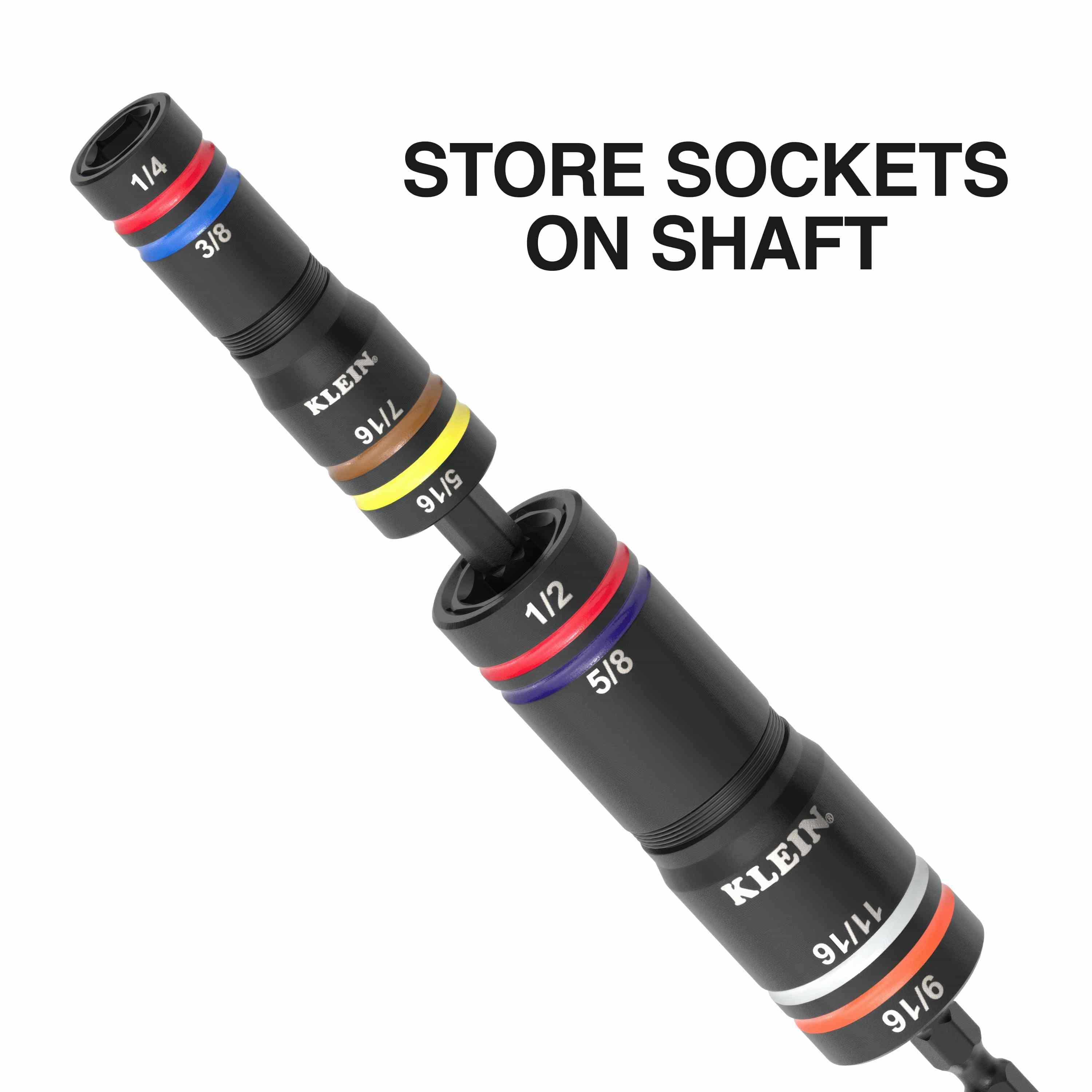 Demonstration of the KNECT system versatility with multiple color-coded impact flip sockets stored on a single shaft to allow for rapid switching between eight different hex sizes on the job.