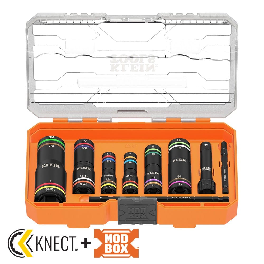 Klein Tools 656QS KNECT Quad-24 9-piece impact flip socket set organized in an orange MODbox accessory case featuring 6 color-coded sockets and 3 adapters.