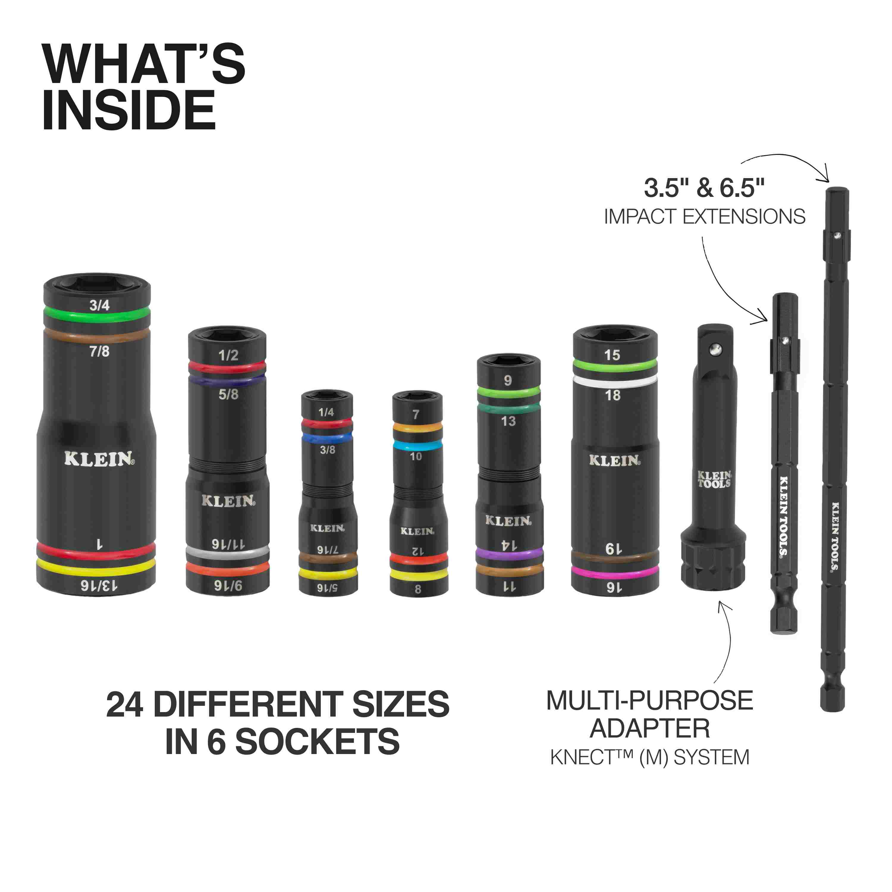 Breakdown of the Quad-24 9-piece set contents including 6 sockets covering 24 different SAE and metric sizes, 3.5-inch and 6.5-inch impact extensions, and a KNECT system multi-purpose adapter.
