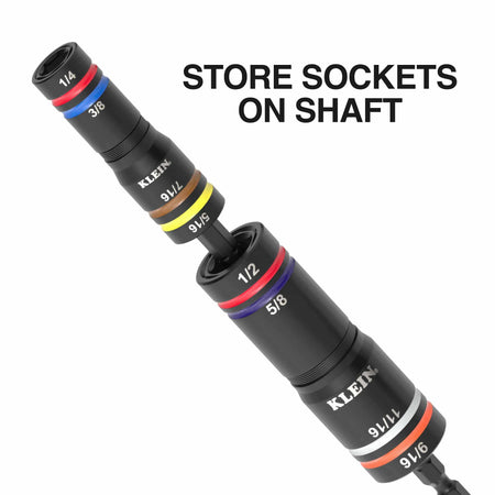 Demonstration of the efficiency of the KNECT system showing multiple color-coded impact flip sockets stored on a single 1/4-inch hex flip socket impact shaft for rapid size changes.