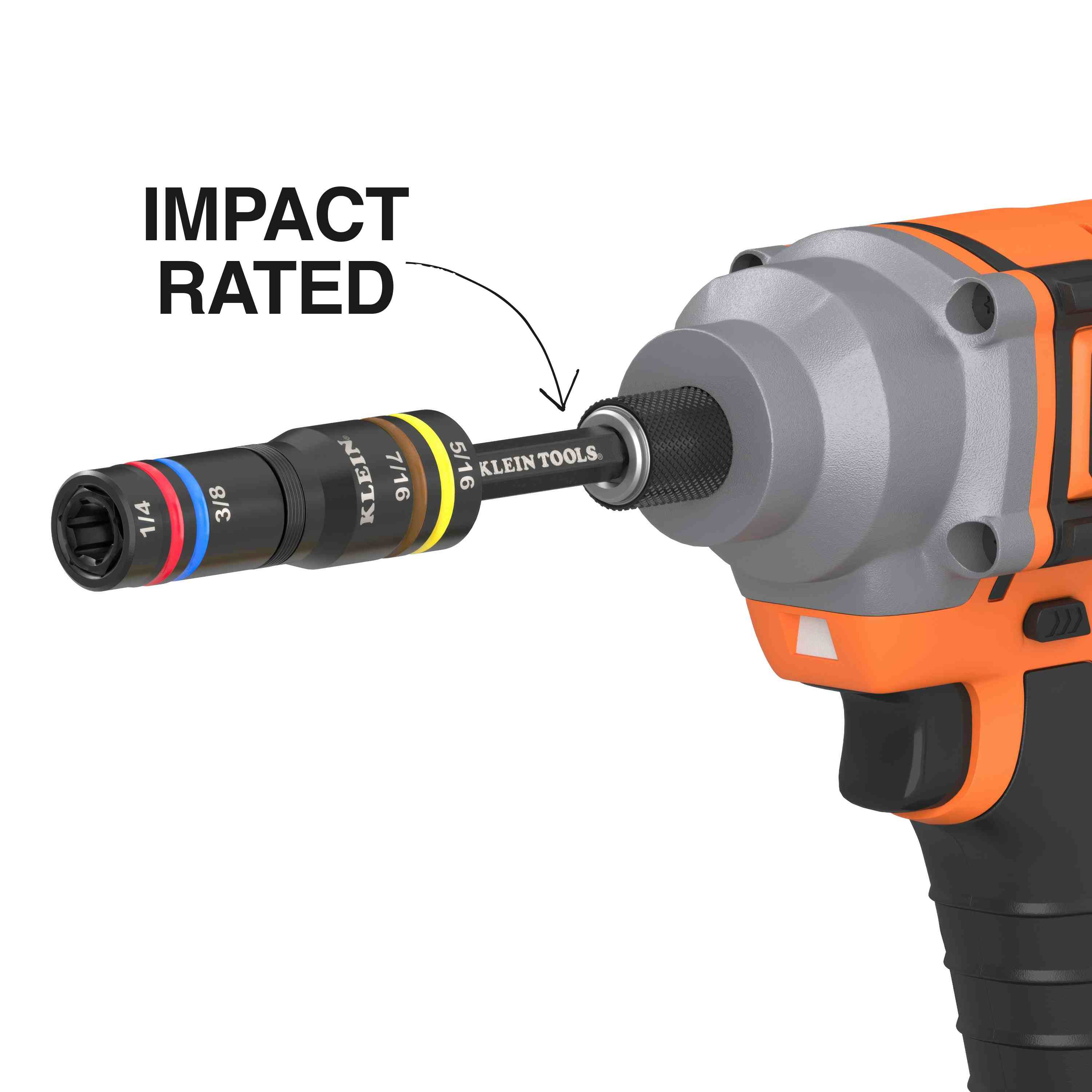 The Klein Tools color-coded impact flip socket mounted on a heavy-duty impact driver, highlighting the impact-rated durability of the cold-forged steel fastening tool.
