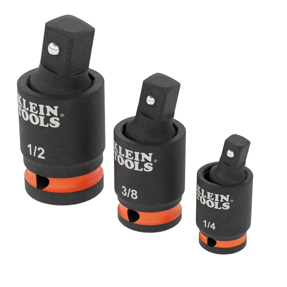 Studio view of the three-piece swivel adapter set standing upright, showing the 1/2 inch, 3/8 inch, and 1/4 inch sizes with their heads tilted to demonstrate the swivel function.