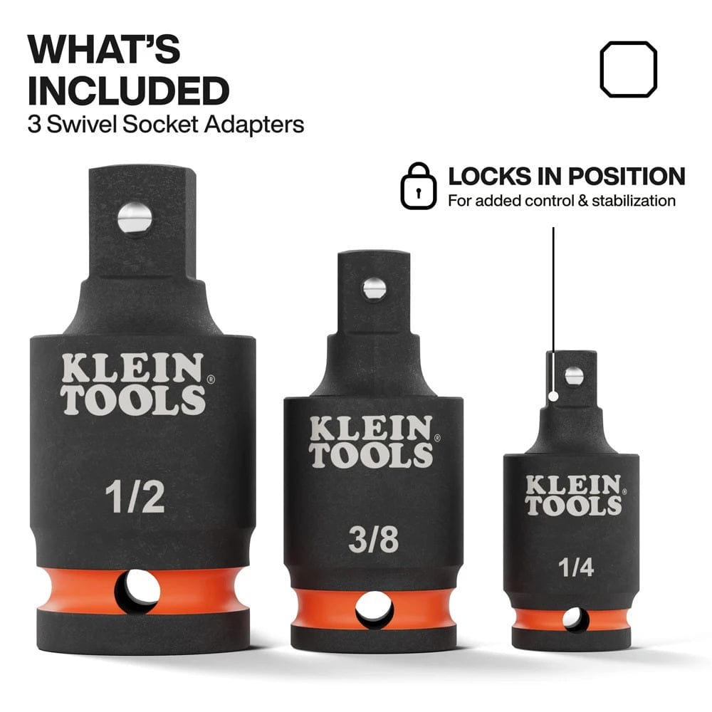 Infographic displaying "What's Included," showing the three adapters in the straight locked position, highlighting the size markings and the locking mechanism for stabilization.