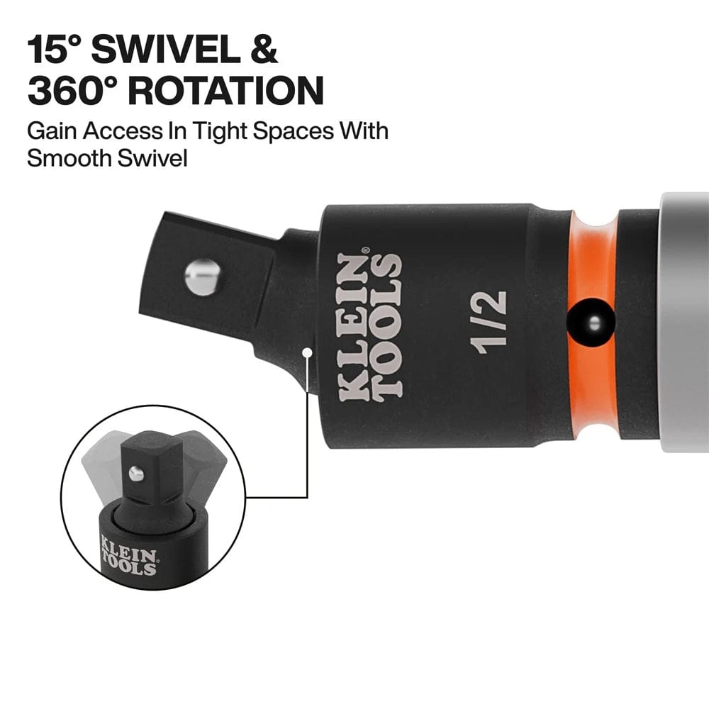 Close-up detail of the 1/2 inch adapter head, illustrating the 15-degree swivel angle and 360-degree rotation designed for gaining access to tight spaces.