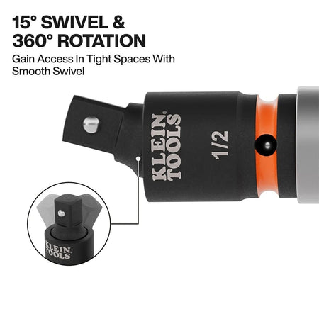 Close-up detail of the 1/2 inch adapter head, illustrating the 15-degree swivel angle and 360-degree rotation designed for gaining access to tight spaces.