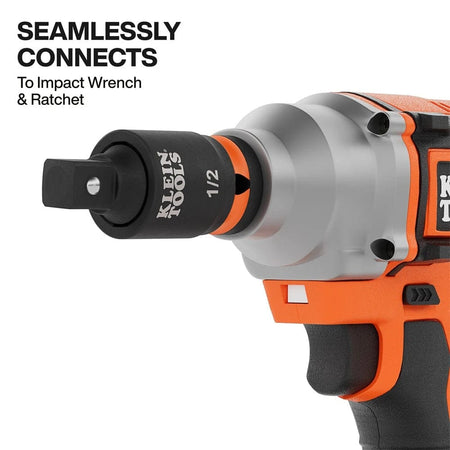 Action view showing the 1/2 inch swivel adapter connected to the anvil of an impact wrench, demonstrating its seamless compatibility with power tools.