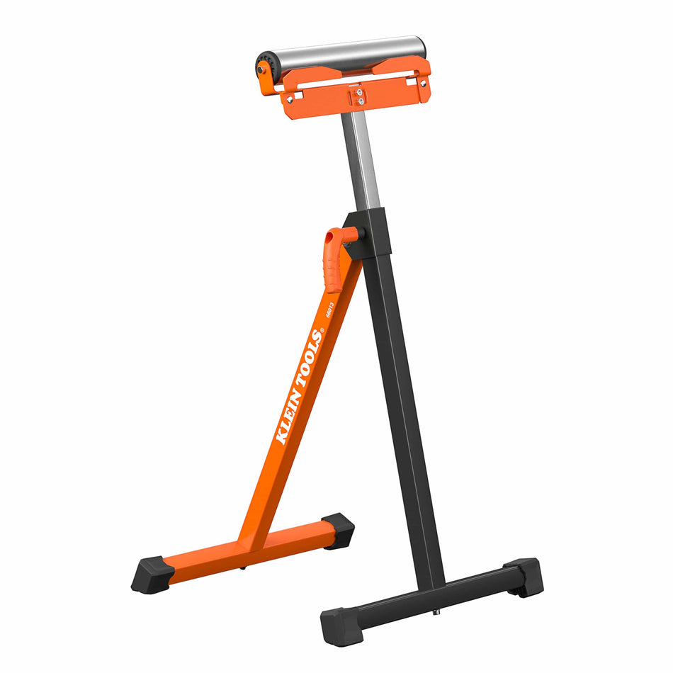 A professional product shot of the Klein Tools 66013 heavy-duty roller stand, featuring a durable steel frame in high-visibility orange and black, designed for industrial material support on the jobsite.