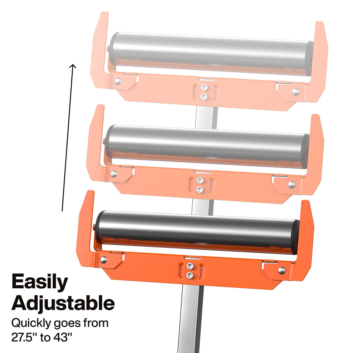 An infographic illustrating the adjustable height range of the roller stand, highlighting the telescopic silver column that quickly transitions from 27.5 inches to 43 inches to align with various power tools.