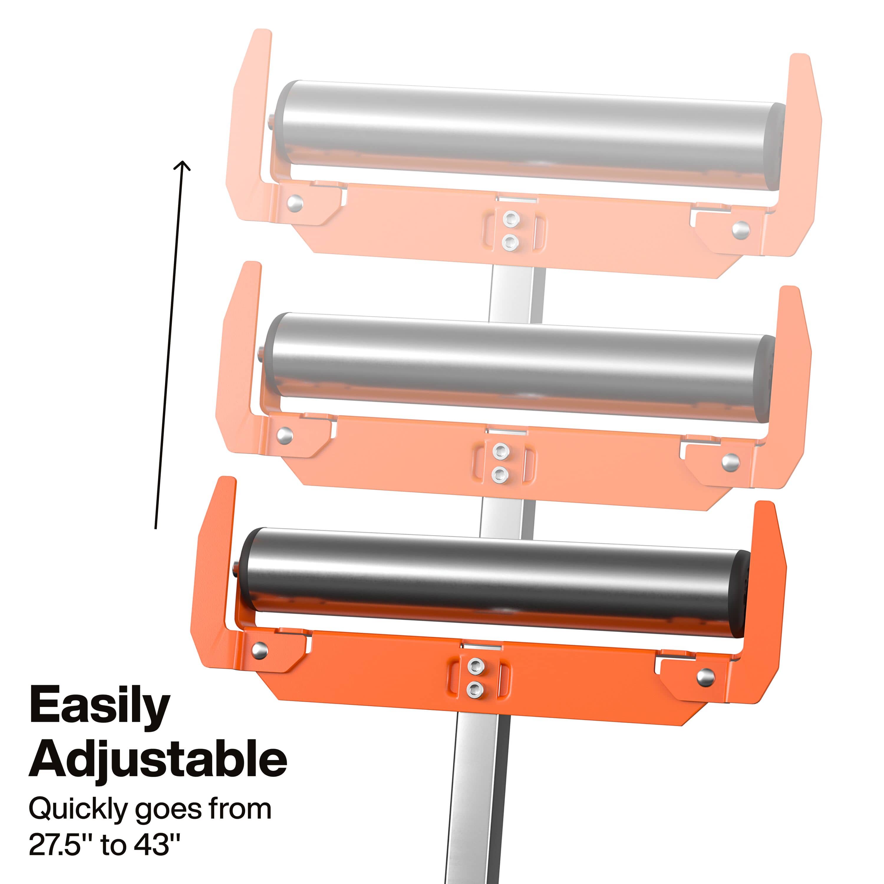 An infographic illustrating the adjustable height range of the roller stand, highlighting the telescopic silver column that quickly transitions from 27.5 inches to 43 inches to align with various power tools.