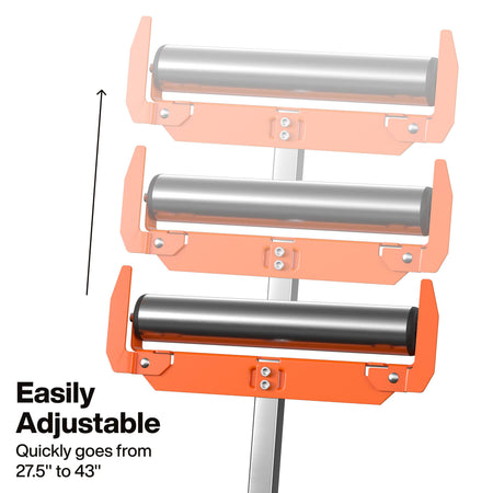 An infographic illustrating the adjustable height range of the roller stand, highlighting the telescopic silver column that quickly transitions from 27.5 inches to 43 inches to align with various power tools.
