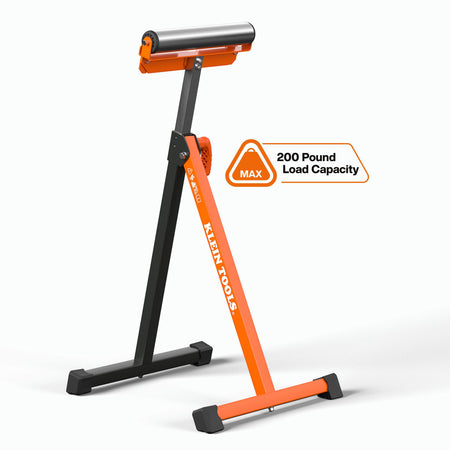 A perspective view of the Klein Tools material stand highlighting the 200-pound maximum load capacity, engineered to provide stable support for heavy lumber, pipe, and sheet goods.