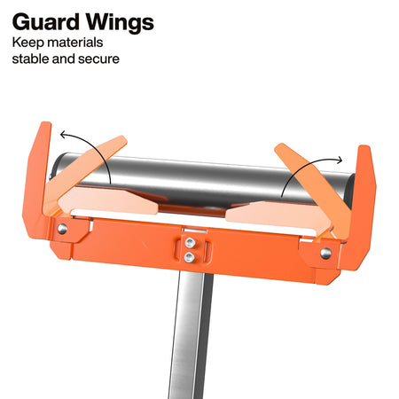 Detailed view of the free-spinning roller head featuring integrated orange guard wings, designed to keep materials stable and secure while preventing side-to-side sliding during feed.