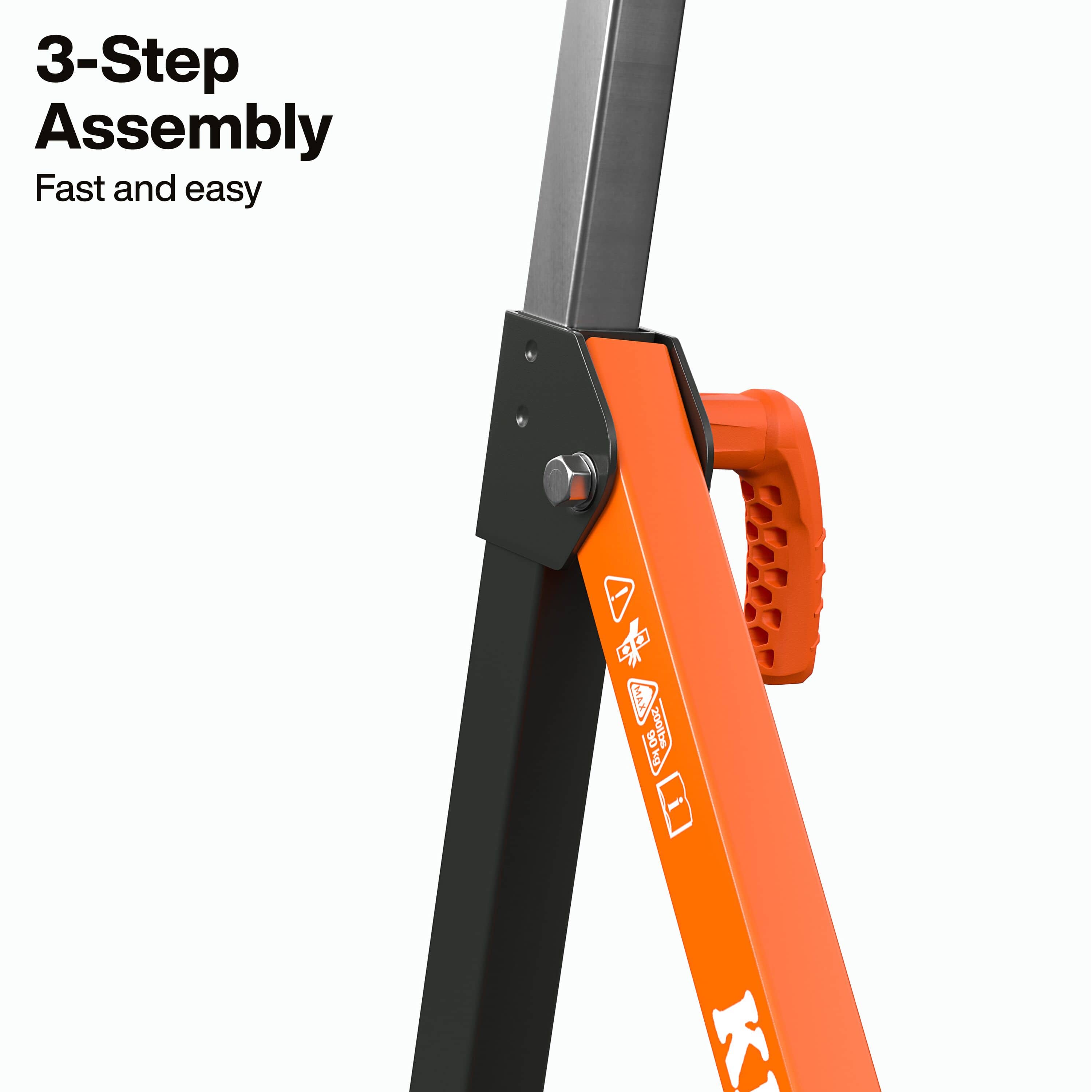Close-up detail of the telescopic adjustment handle and locking mechanism on the Klein Tools 66013, noting the fast and easy 3-step assembly process for professional contractors.