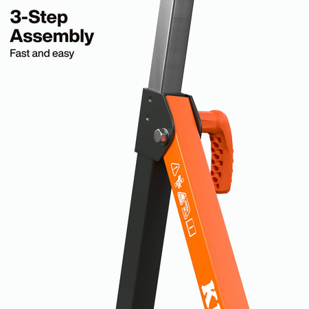 Close-up detail of the telescopic adjustment handle and locking mechanism on the Klein Tools 66013, noting the fast and easy 3-step assembly process for professional contractors.
