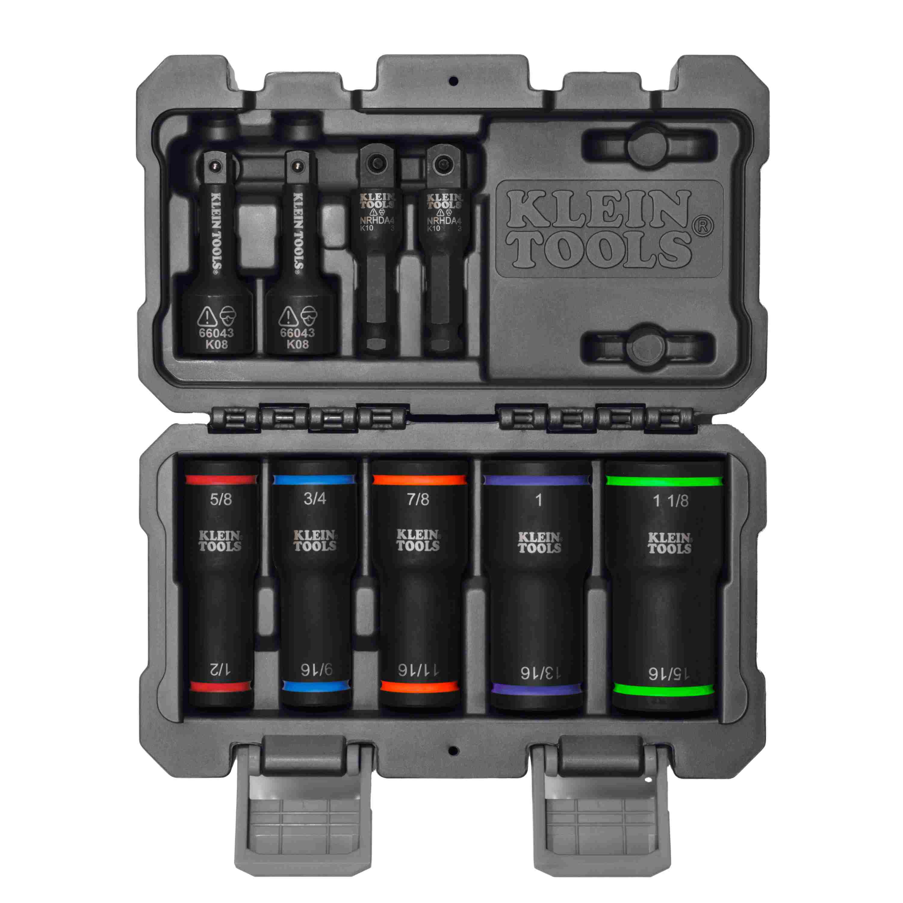 A 10-piece Klein Tools 66055 impact flip socket set organized in a heavy-duty grey carrying case, featuring 5 color-coded 2-in-1 sockets and 4 specialized drive adapters.