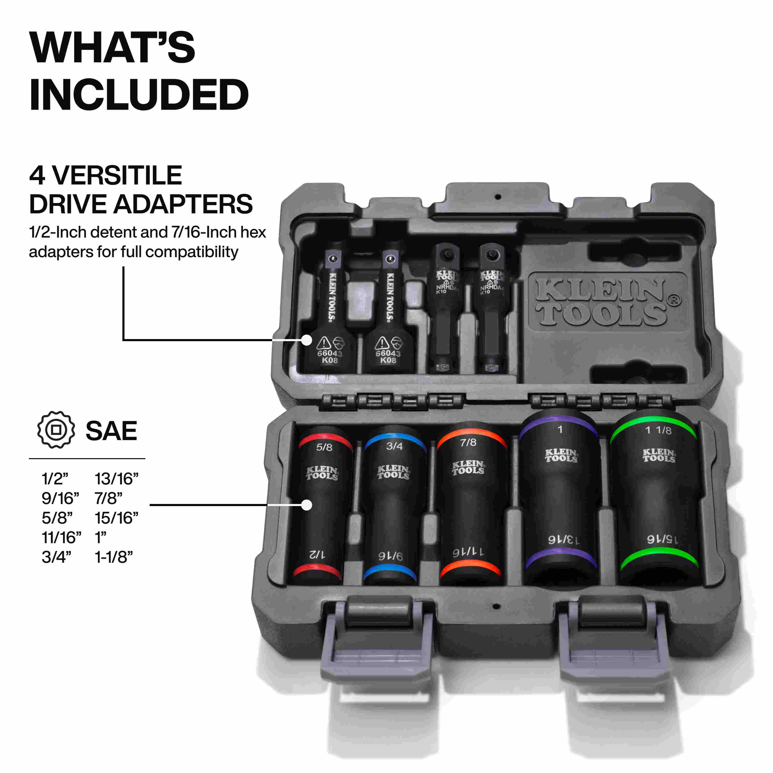 Infographic showing the contents of the Klein Tools 66055 set, including 4 versatile drive adapters for 1/2-inch detent and 7/16-inch hex compatibility, alongside a range of SAE socket sizes from 1/2 to 1-1/8 inches.