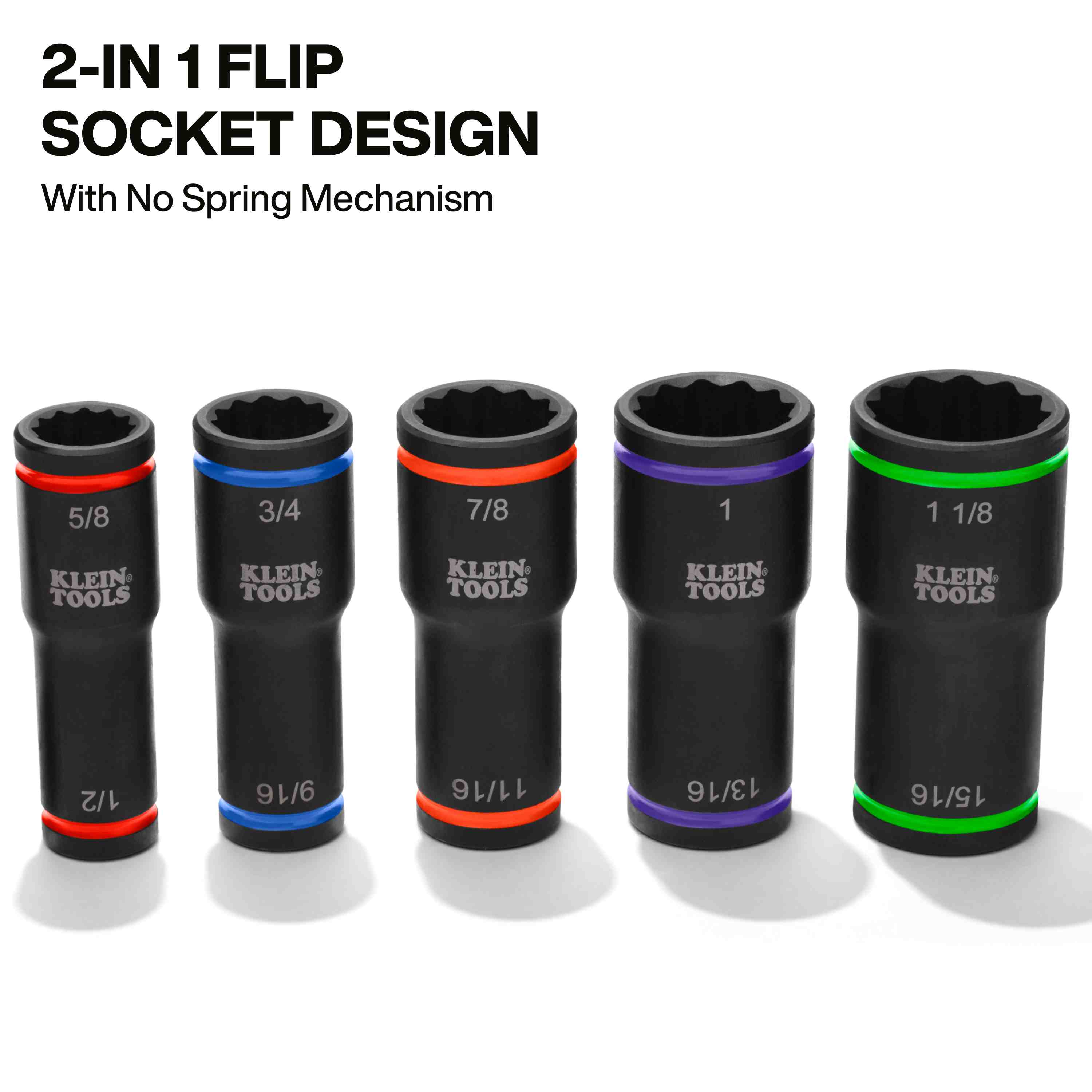 A row of five Klein Tools 2-in-1 impact flip sockets with a durable no-spring mechanism, showing various color-coded ID bands for quick size identification during utility work.