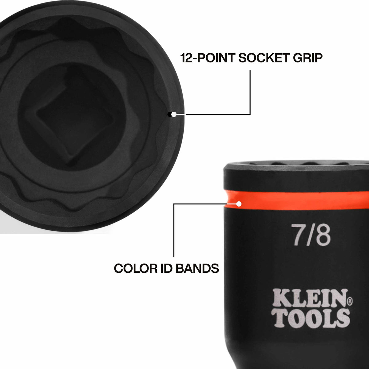 Detailed macro view highlighting the 12-point socket grip geometry for a secure hold on fasteners and the bright orange color ID band used for rapid tool selection.