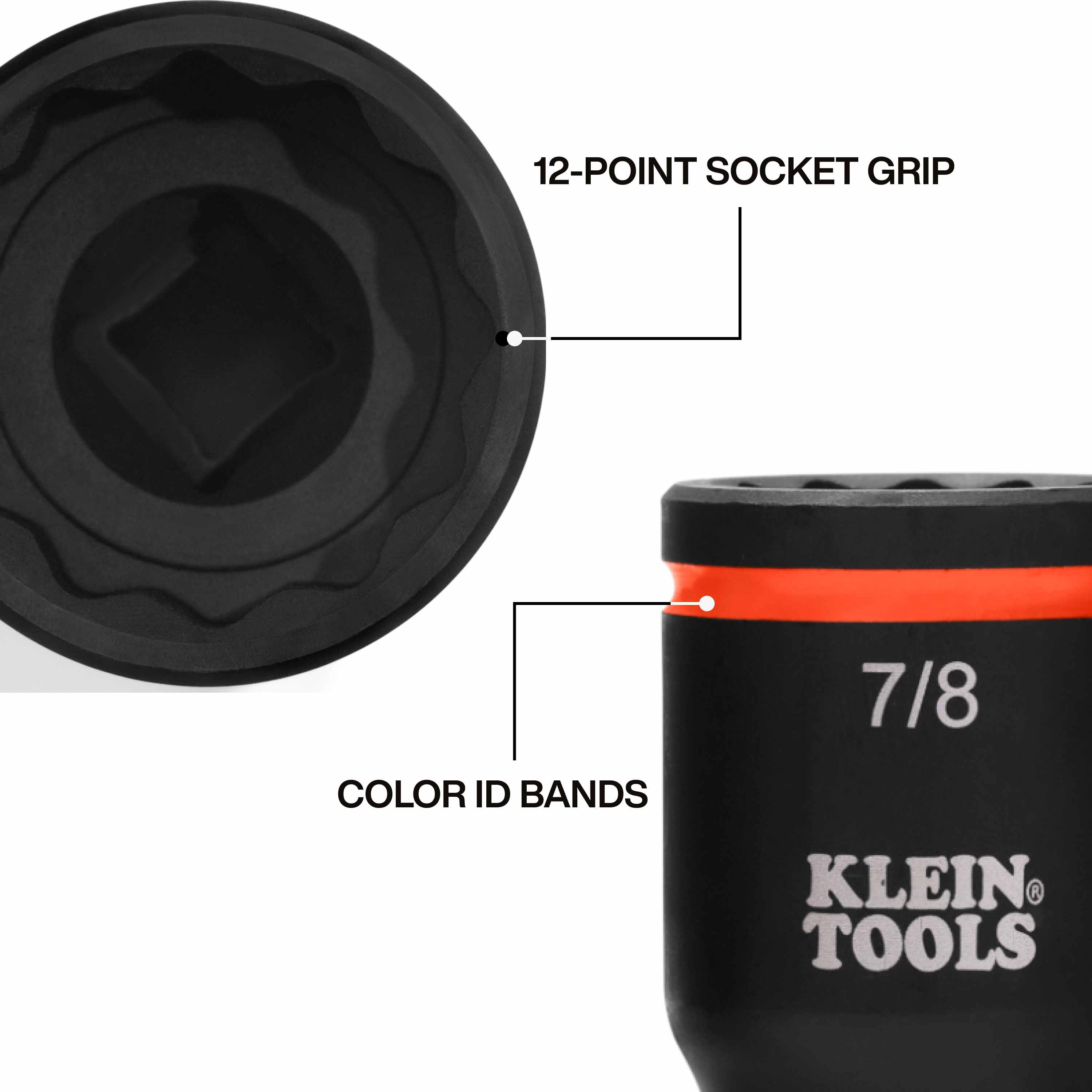Detailed macro view highlighting the 12-point socket grip geometry for a secure hold on fasteners and the bright orange color ID band used for rapid tool selection.